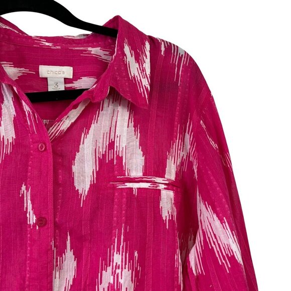 Chico's 100% Cotton Vibrant Pink 3/4 Sleeve Button Down Shirt Size XL (3) - Picture 4 of 12